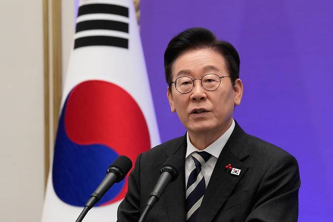 Korean President Lee Jae Myung speaks during a news conference at the Blue House in central Seoul on Dec. 3, marking the first anniversary of the Dec. 3 martial law crisis. [AP/YONHAP]