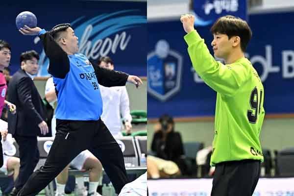 사진 하남시청 박재용과 SK호크스 지형진 골키퍼, 사진 제공=한국핸드볼연맹