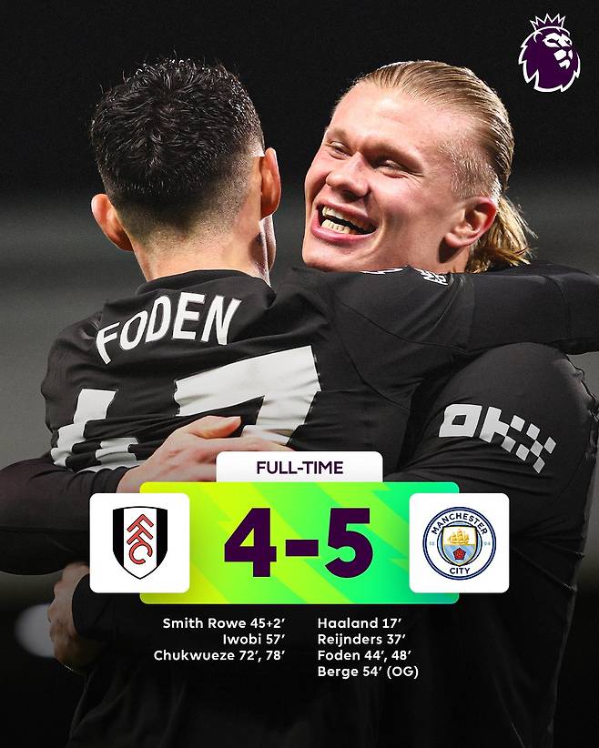 무려 9골이 터진 난타전 끝에 풀럼을 5-4로 꺾은 맨체스터 시티. /사진=프리미어리그 SNS 캡처