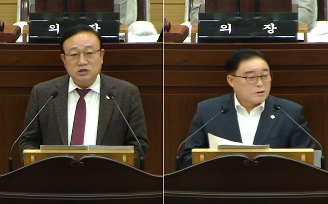 김학엽(왼쪽)·김춘수 인천 서구의원이 4일 열린 제277회 구의회 제2차 정례회에서 강범석 구청장을 상대로 구정질문을 하고 있다. 사진=인천서구의회방송 캡쳐