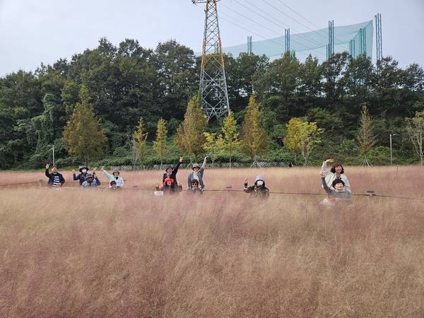 경상남도환경재단 생태누리 바우처 참가자들이 지난달 합천 신소양체육공원 핑크뮬리 군락에서 기념 촬영을 하고 있다. /경상남도환경재단