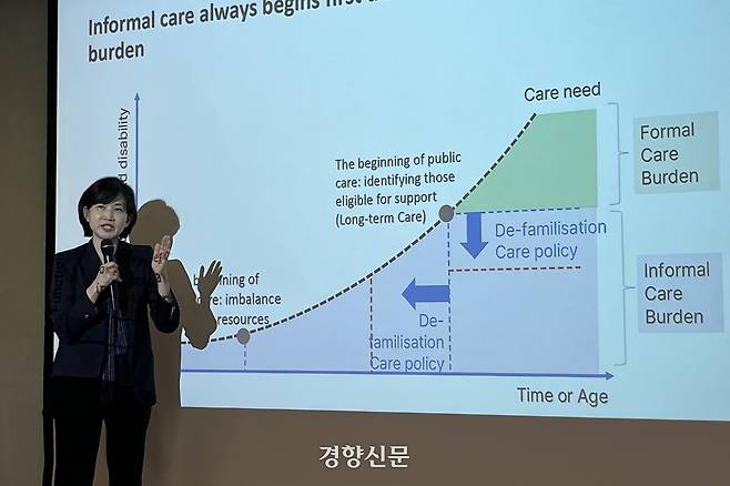 장숙랑 중앙대 적십자간호대학장이 지난달 13일 서울 종로구 서머셋팰리스서울에서 열린 유엔여성기구 포럼 ‘모두의 지속가능한 미래를 위한 돌봄 서비스 혁신과 투자’에 발제자로 참석해 발표하고 있다. 조해람 기자