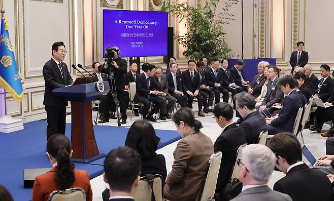 President Lee Jae Myung speaks during a press conference with foreign media at the Blue House in central Seoul on Dec. 3 to mark the one-year anniversary of the martial law crisis. [JOINT PRESS CORPS]