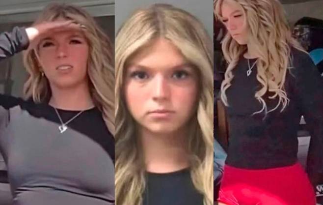 미국 플로리다 19세 여성 태라 팔미에리가 경찰에 체포되기 전후의 모습. 보디캠 영상 공개 이후 그의 표정과 태도가 온라인에서 큰 화제를 모았다. 사진=유튜브 ‘커프드 바이 캅스’