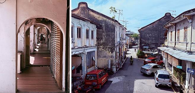 인도, 청나라 중국 이민자들이 건설한 주택가 풍경. 한낮의 뜨거운 햇볕을 피할 수 있도록  설계됐다.