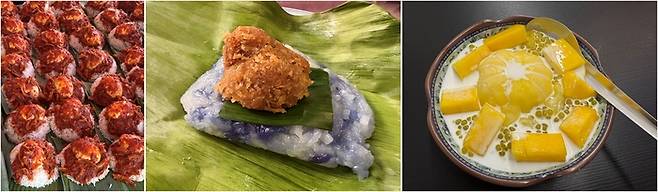 (좌로부터)코코넛을 첨가한 밥에 매콤한 소스를 곁들인 나시레막, 찹쌀밥 위에 코코넛이 올려진 뇨냐 디저트, 망고젤리와 코코넛우유가 첨가된 망고 사고 디저트