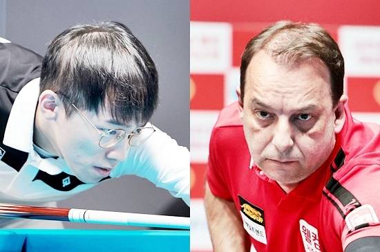 당구동호회 YB출신 임완섭(왼쪽)이 5일 하림배PBA챔피언십 16강전에서 모리 유스케를 3:0으로 물리치고 8강에 진출했다. 임완섭의 8강전 상대는 엄상필을 꺾은 산체스다.