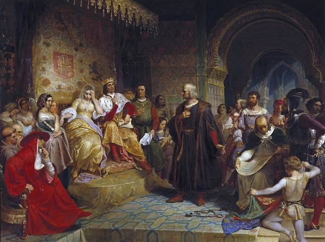 에마누엘 로이체, 여왕 앞 콜럼버스(이사벨 1세와 페란도 2세가 그려져 있다), 1843, 96.5x127cm, 브루클린 박물관