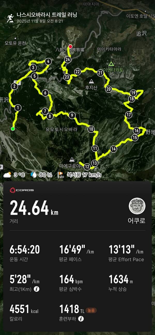 첫날 이동 궤적과 거리. 24km를 이동했고, 총 495점을 획득했다.
