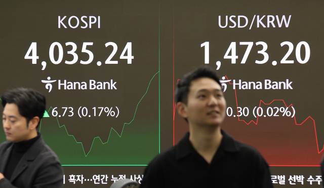 5일 서울 중구 하나은행 본점 딜링룸에서 직원들이 업무를 보고 있다. 이날 코스피는 전장보다 5.01포인트(0.12%) 내린 4023.50로 시작했으나 9시 37분 현재 4030대 상승세를, 원·달러 환율은 하락세를 보이고 있다. 연합뉴스