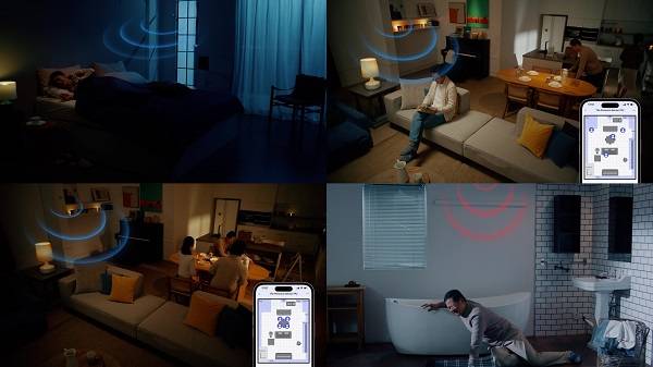 [사진: 아카카라이프의 재실 센서 FP2 기능 시뮬레이션 영상 캡처 이미지. 하나의 공간을 최대 30개 영역으로 분할하여 사용자의 실시간 위치를 파악해 낙상, 움직임, 재실 여부 감지 등이 가능하다.]