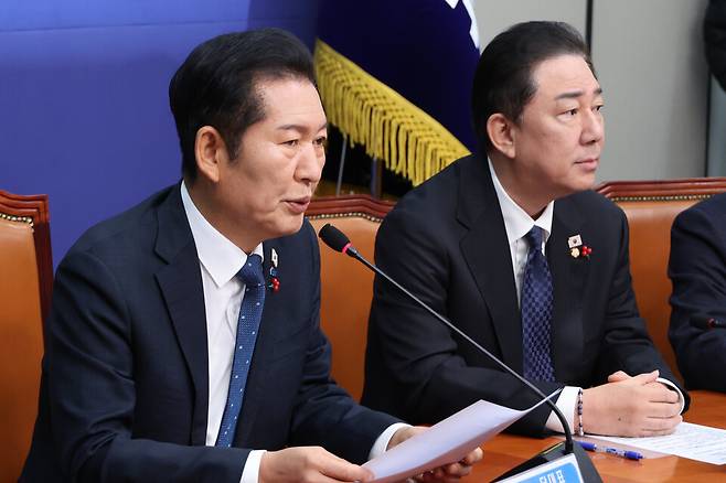 정청래 더불어민주당 대표가 5일 서울 여의도 국회에서 열린 최고위원회의에서 발언하고 있다. ⓒ연합뉴스