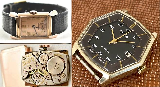 빈티지 시계에서 쉽게 찾아 볼 수 있는 다양한 시계 디자인. 왼쪽은 미국의 부로바(Bulova) 빈티지, 오른쪽은 소련의 슬라바(Slava) 빈티지 시계.