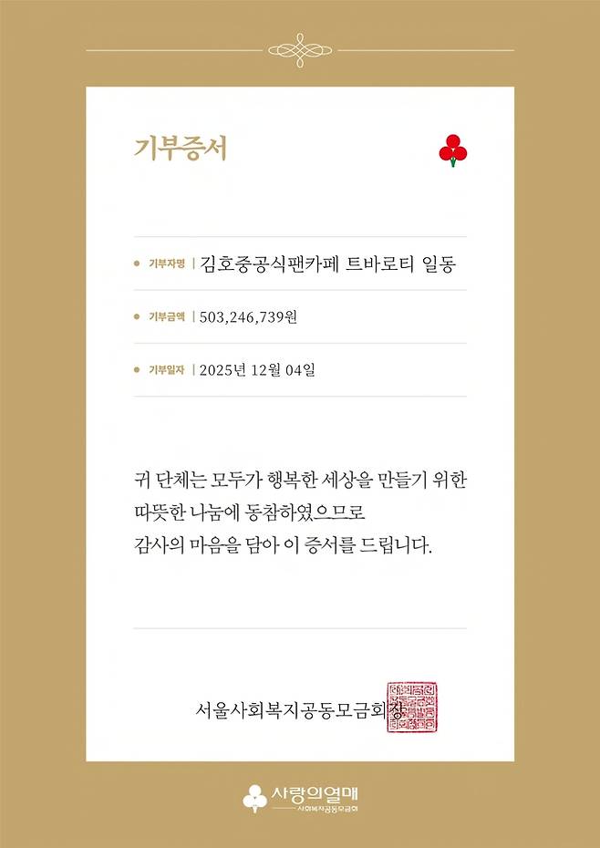 김호중 팬카페 ‘트로바티’ 기부증서. 사진 | 김호중 팬카페 ‘트로바티’