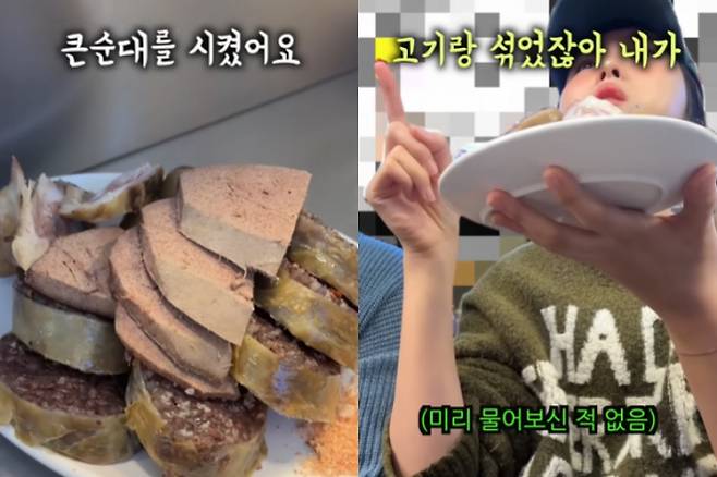 The image shows screenshots from a YouTube video shared by a YouTuber known as "weird sweets shop," in which she claimed a Gwangjang Market vendor overcharged her for a plate of sundae (Korean blood sauage). [SCREEN CAPTURE]