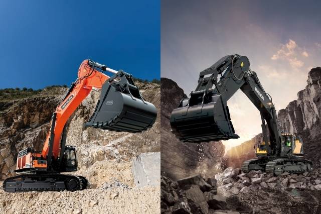 HD현대인프라코어 100톤급 굴착기(왼쪽)와 HD현대건설기계 100톤급 굴착기. [HD현대 제공]