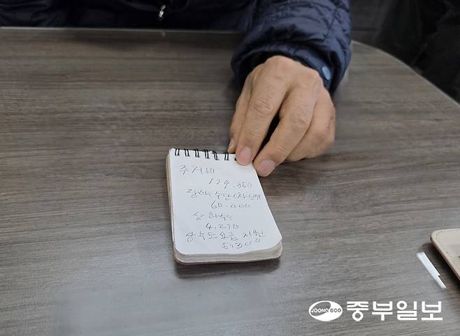 8일 오후 수원시 권선구 수원시장애인복지센터에서 3급 뇌병변장애인 임모(64)씨가 수첩에 적힌 정부 지원금을 보여주고 있다. 노경민기자