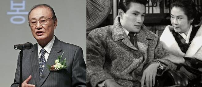 8일 작고한 원로배우 윤일봉(왼쪽)씨가 출연한 영화 '홍도야 우지마라'(1964)의 한 장면(오른쪽). 한껏 코트깃을 세운 그를 배우 윤인자씨가 바라보고 있다./연합뉴스 한국영상자료원