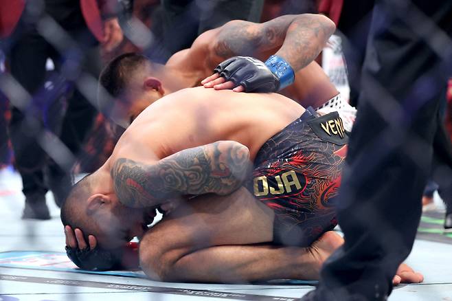 UFC 타이틀전에서 불의의 부상으로 패한 후 고통스러워하는 알레샨드리 판토자. 사진=게티이미지/AFP 연합뉴스