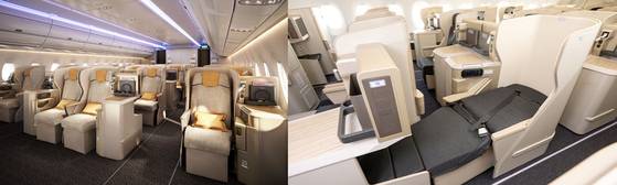 아시아나항공이 지난 3일부터 A350 기종 내부를 대한항공 시트로 교체하는 작업에 돌입했다. 기존 아시아나항공 시트(좌)는 대한항공 시트(우)로 통일된다. 사진 양사 홈페이지