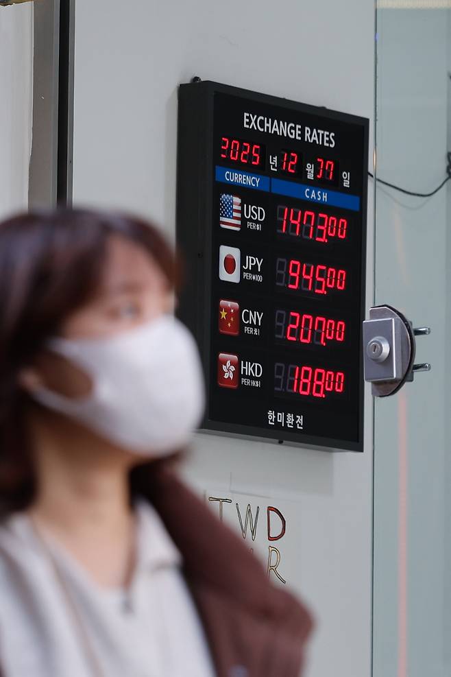 An exchange booth in Myeongdong, central Seoul, displays currency rates on Dec. 7 as the strong dollar trend continues. [NEWS1]