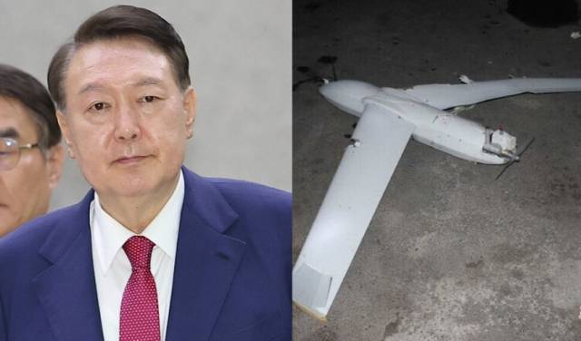 윤석열 전 대통령이 지난 7월 5일 내란 특검 조사를 마치고 서울고검을 나서고 있다. 오른쪽은 지난해 10월 북한이 ‘남한에서 보낸 무인기’라며 공개한 사진. 연합뉴스, 조선중앙통신 연합뉴스