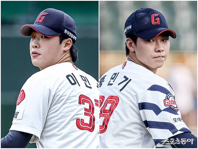 롯데 이민석(왼쪽)과 홍민기가 내년 시즌 꾸준한 활약으로 마운드 운영에 숨통을 틔울지 궁금하다. 사진제공|롯데 자이언츠