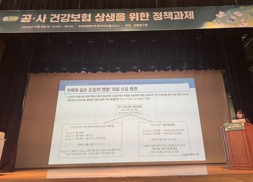 공·사 건강보험 상생을 위한 정책과제 (서울=연합뉴스) 강수련 기자 = 김경선 보험연구원 연구위원이 8일 '공·사 건강보험 상생을 위한 정책과제'에서 발표를 하고 있다. 2025.12.8 training@yna.co.kr
