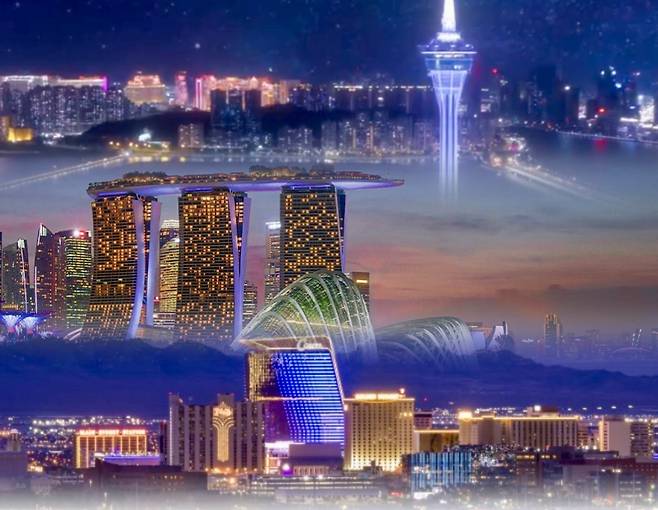 (위부터) 마카오 코타이 스트립, 싱가포르 마리나베이샌즈, 미국 라스베이거스 스트립 전경. 카지노를 ‘도시 체류의 중심 엔진’으로 확장시킨 글로벌 복합관광 모델의 대표 사례들.