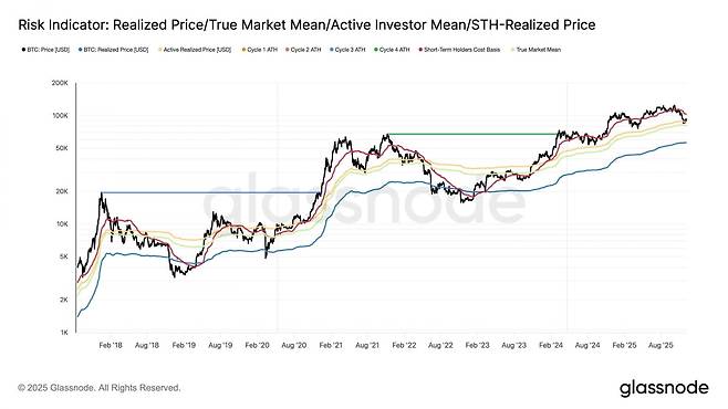 비트코인은 단기 투자자 평균 매입가(빨간선·약 10만3100달러) 아래에서 약세 흐름을 보이고 있으며, 활성 투자자 평균 단가(노란선·약 8만8000달러) 부근에서 방향성을 모색하는 모습이다. / 사진 = 글래스노드 엑스 갈무리