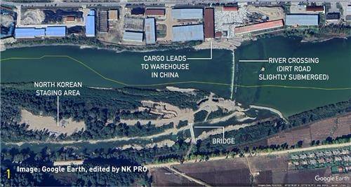 북한 양강도 일대에서 북한과 중국을 연결하는 도강로가 설치된 모습. [플래닛랩스 위성사진. 구글 어스. NK프로 편집]