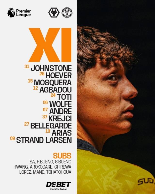 울버햄튼은 골키퍼 존스톤을 시작으로 모스케라-아그바두-고메스-회버-안드레-크레이치-울프-아리아스-벨가르드-라르센이 선발 출전했다. 사진=울버햄튼 SNS