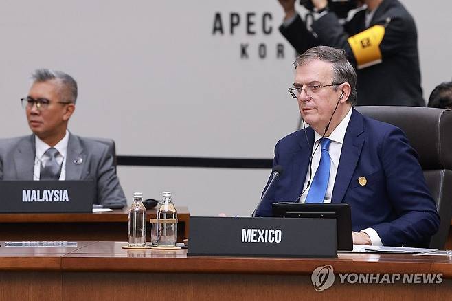 APEC 세션2 에브라르드 멕시코 경제부 장관 (경주=연합뉴스) 특별취재단 = 마르셀로 에브라르드 멕시코 경제부 장관(오른쪽)이 11월 1일 경주화백컨벤션센터(HICO)에서 열린 2025 아시아태평양경제협력체(APEC) 정상회의 제2세션에 참석해 있다. 2025.11.1 photo@yna.co.kr