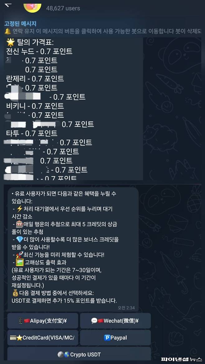 10일 딥페이크물을 생성·유통하는 한 텔레그램방에서 이미지 옵션별 가격이 책정돼 있다. 결제는 알리페이, 페이팔 등을 통해 이뤄지는 모습이다. 사진=박성현 기자