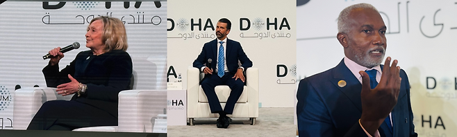 From left: former US Secretary of State Hillary Clinton, Donald Trump Jr., the eldest son of US President Donald Trump and Nigerian Foreign Minister Yusuf Maitama Tuggar attend the 23rd Doha Forum in Doha, Qatar. (Sanjay Kumar/The Korea Herald)