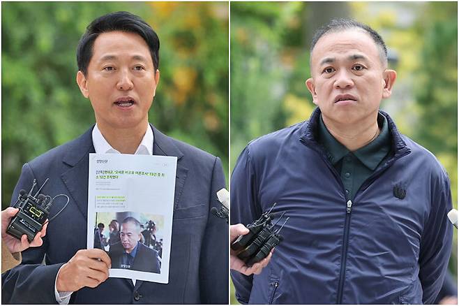 오세훈 서울시장(왼쪽)과 정치브로커 명태균 씨가 8일 '여론조사비 대납 의혹'을 수사하는 민중기 특별검사팀의 사무실이 마련된 서울 KT광화문빌딩 웨스트에 조사를 받기 위해 출석하고 있다. / 사진=연합뉴스