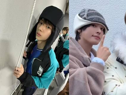 군밤장수 모자를 쓰고 있는 코르티스 멤버 주훈과 엔시티 위시 멤버 리쿠(오른쪽) [인스타그램 이용자 'cortis' 및 'nctwish_official' 게시글 캡처. 재판매 및 DB 금지]