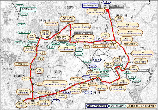 대전도시철도 2호선 노선도와 정거장명칭. 제공은 대전시