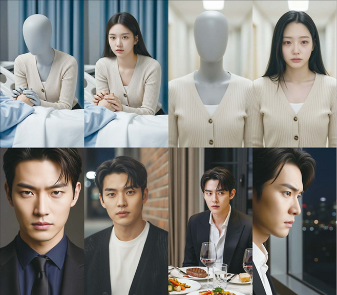 비글루가 공개한 AI 숏드라마 ‘지옥에서 찾아온 나의 구원자’ AI 활용 이미지. 마네킹 촬영에 AI 작업을 더해 섬세한 표정 연기를 이끌어낸다. (비글루 제공)