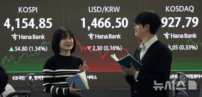 [서울=뉴시스] 김진아 기자 = 8일 서울 중구 하나은행 딜링룸에서 딜러들이 업무를 보고 있다. 코스피는 전 거래일(4100.05)보다 54.80포인트(1.34%) 오른 4154.85에, 코스닥 지수는 전 거래일(924.74)보다 3.05포인트(0.33%) 상승한 927.79에 거래를 종료했다.2025.12.08. bluesoda@newsis.com