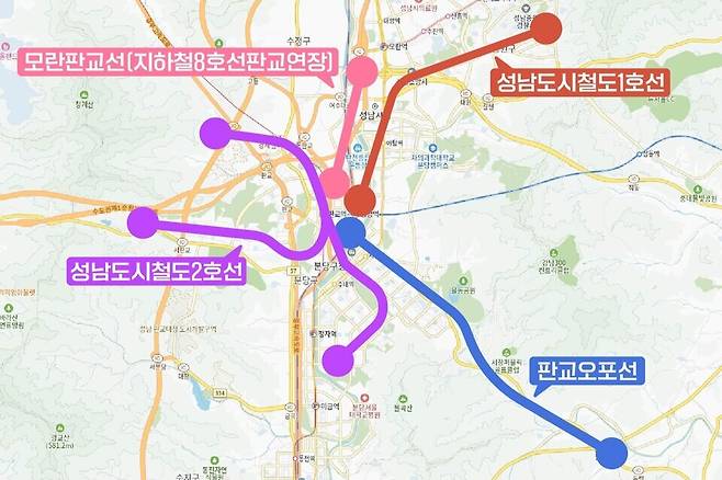 ▲ 경기도 도시철도망 구축계획에 반영된 성남시 4개 도시철도 노선. /사진제공=성남시