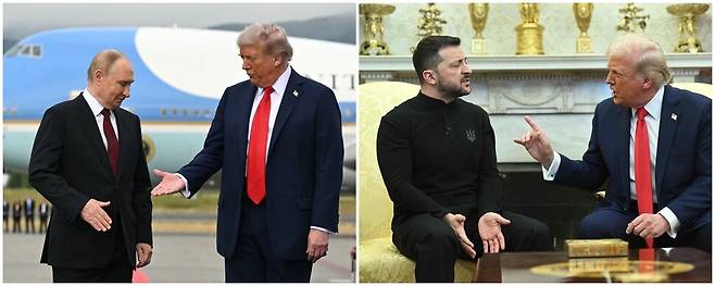 8월 15일, 도널드 트럼프 미국 대통령이 알래스카주 앵커리지에 도착한 뒤 활주로 연단에서 블라디미르 푸틴 러시아 대통령과 악수하기 위해 손을 내밀고 있다.(왼쪽사진) 2월28일, 도널드 트럼프 미국 대통령이 워싱턴 백악관 집무실에서 젤렌스키 우크라이나 대통령과 공개적으로 설전을 벌이고 있다. 워싱턴/AFP 연합뉴스