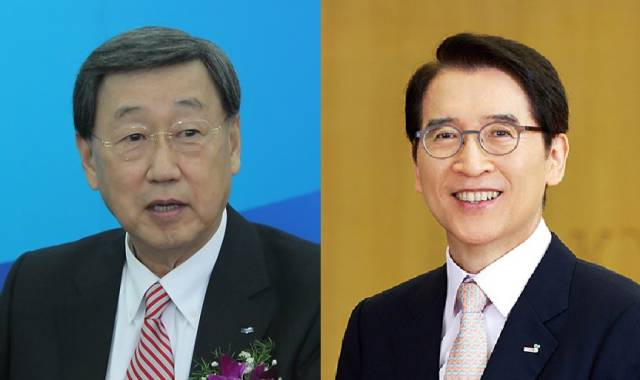 왼쪽부터 박용현 두산연강재단 이사장, 신창재 교보생명 회장. 사진=연합뉴스, 교보생명