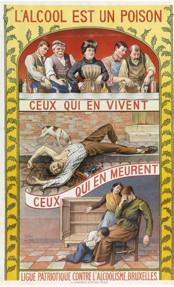 알코올로 죽어가는 사람들을 묘사한 1910년 만화.