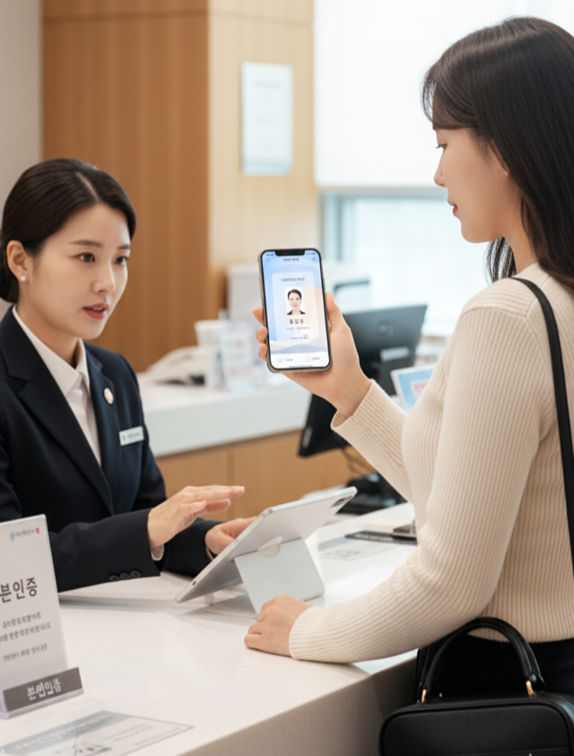 은행 창구를 방문한 여성 고객이 스마트폰의 ‘모바일 운전면허증’ 앱에서 신원 확인 절차를 받고 있는 장면. [조폐공사 제공]