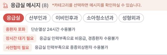 중앙응급의료센터 종합상황판에 한 종합병원 응급실이 띄운 진료제한 메시지. 사진 종합상황판 캡처