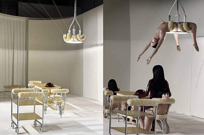 천장에 매달린 조명과 테이블, 의자의 퍼포머들은 모두 실제 사람이다. /강은영