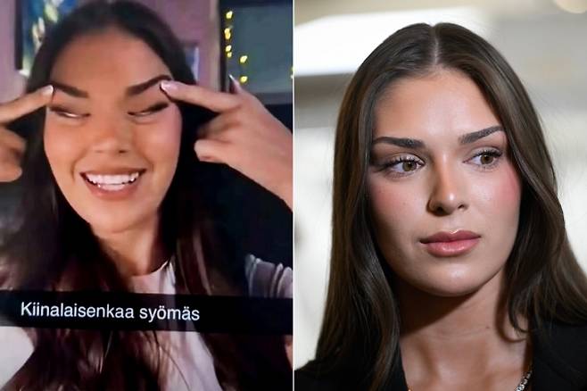 왼쪽은 소셜미디어에 퍼져 논란이 된 사진. ‘미스 핀란드’ 사라 자프체가 눈꼬리를 손가락으로 당기는 모습이 담겼다. 오른쪽은 2025년 12월 11일(현지시간) 핀란드 헬싱키에서 기자회견에 참석한 자프체의 모습. (왼쪽 사진=조델 게시물 캡처, 오른쪽=AP 연합뉴스)