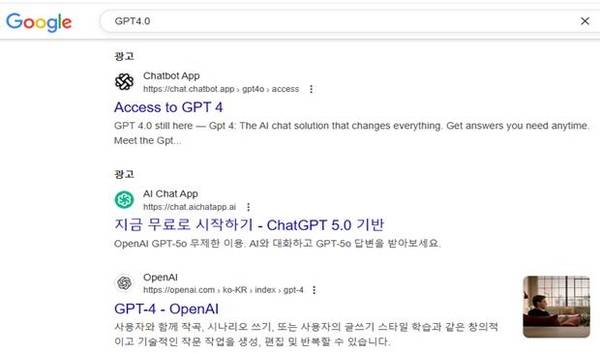 포털 검색 상단 광고에 생성형 AI 유사 사이트가 올라와있다. /한국소비자원