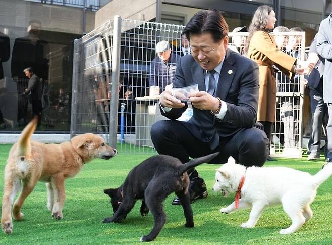 오영훈 제주지사가 15일 제주시 애월읍에 문을 연 제2동물보호센터를 둘러보고 있다./뉴시스